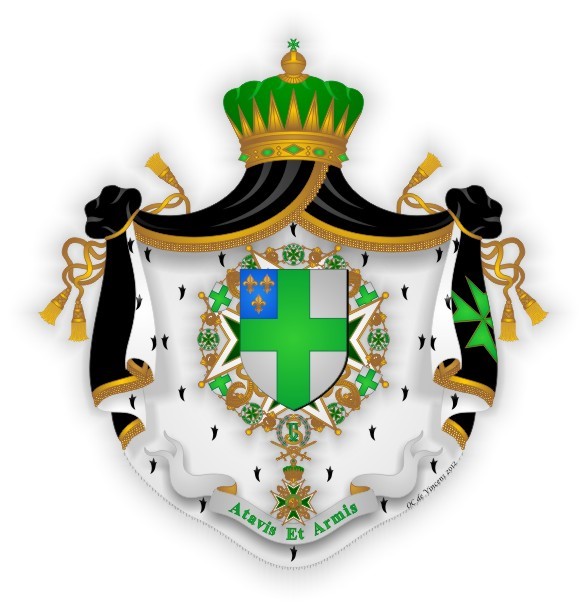 Grandes armoiries de l'Ordre de Saint-Lazare : écu d'argent à la croix de sinople sur manteau noir doublé d'hermine, couronne antique, devise Atavis et Armis