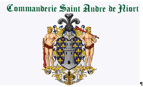 Armoiries de la ville de Niort : semé de fleurs de lys d'or, tour à donjon d'argent sur une rivière, tenue par deux « sauvages »