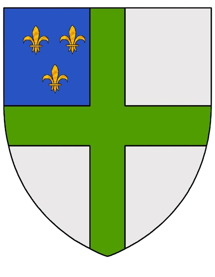 Écu du Grand Prieuré de France : croix verte sur champ d'argent, canton d'azur aux trois fleurs de lys d'or
