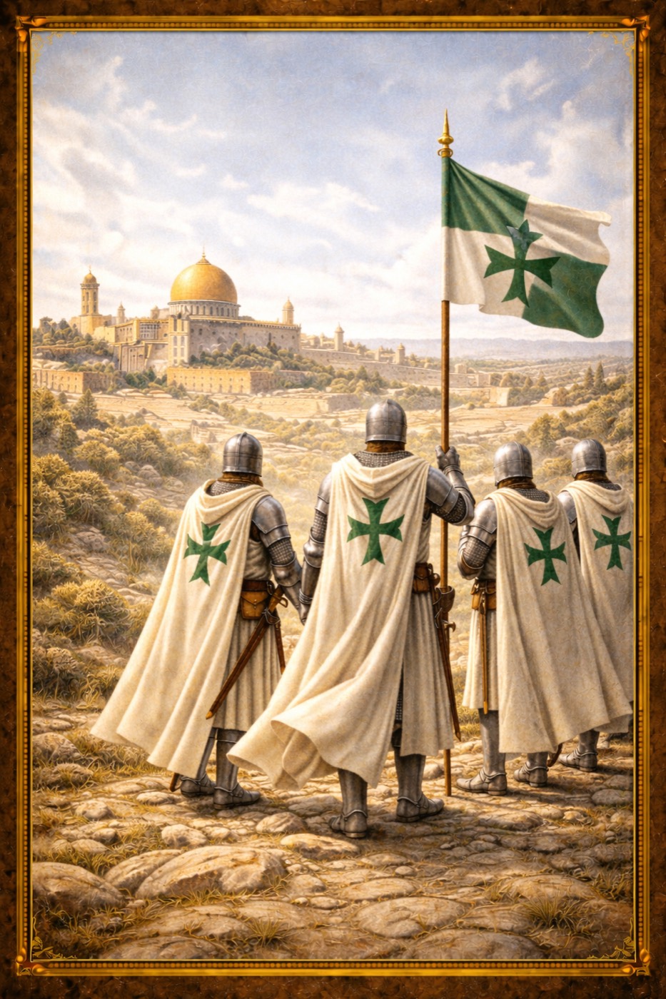 Chevaliers de Saint-Lazare contemplant Jérusalem, étendard à la croix verte déployé