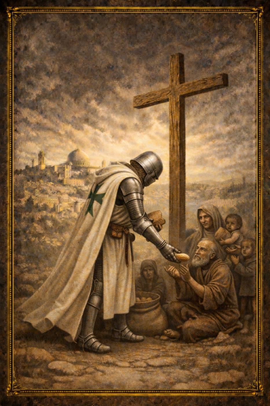 Chevalier de Saint-Lazare en armure offrant du pain à une famille dans le besoin, au pied d'une grande croix